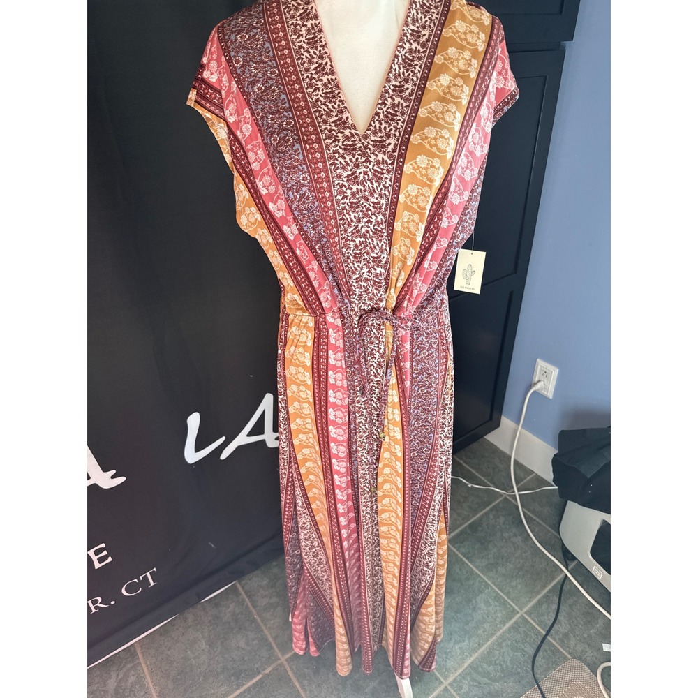 Cactus + Pearl Womens XXL Boho Floral Stripe V-Neck Drawstring Maxi Dress NWT - Picture 1 of 7